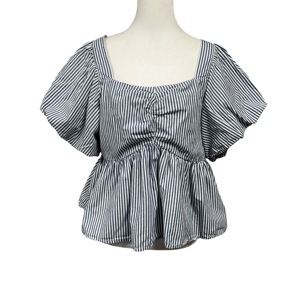 Old Navy May All Day Babydoll Puff Sleeve Peplum Striped Blouse Sz L Blue